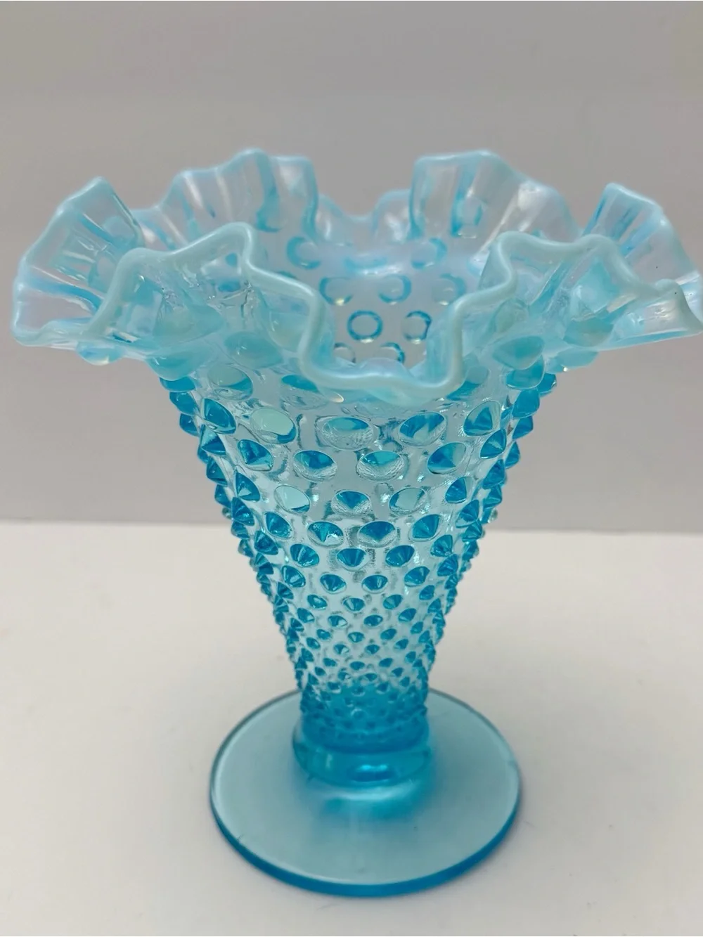 Vintage Fenton Glass Aqua Blue Opalescent Hobnail Ruffled Vase 7 7/8”